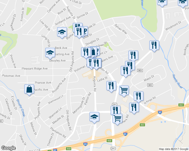 map of restaurants, bars, coffee shops, grocery stores, and more near 2504 Augusta Road in Greenville