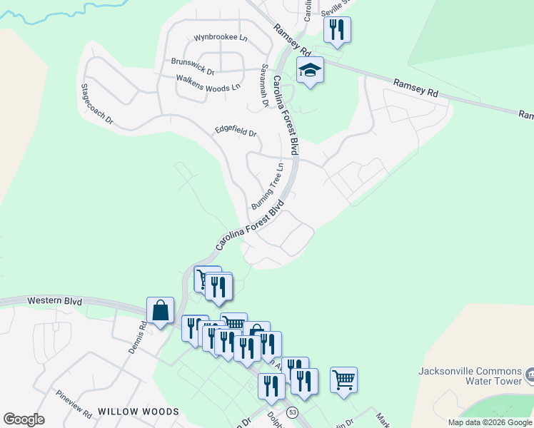 map of restaurants, bars, coffee shops, grocery stores, and more near Carolina Forest Boulevard in Jacksonville