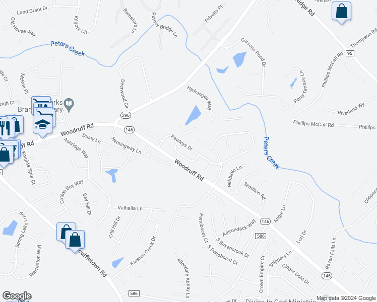 map of restaurants, bars, coffee shops, grocery stores, and more near 208 Pawleys Drive in Simpsonville