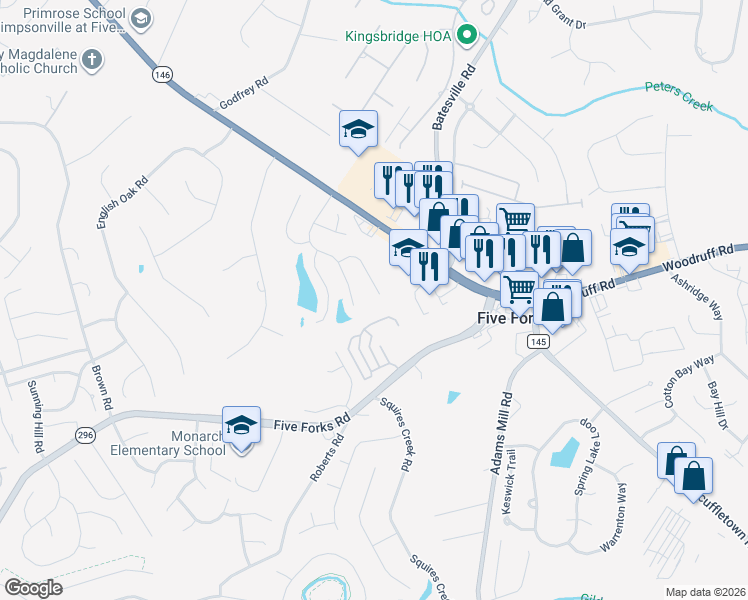 map of restaurants, bars, coffee shops, grocery stores, and more near 18 Shadowrock Court in Simpsonville