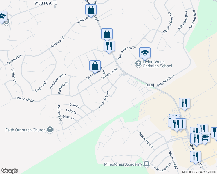 map of restaurants, bars, coffee shops, grocery stores, and more near 117 Shamrock Drive in Jacksonville