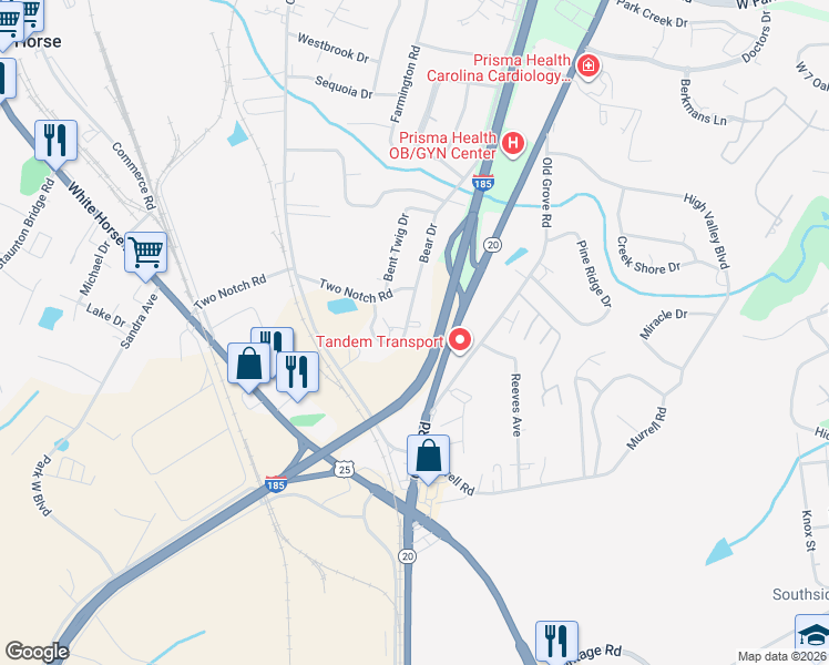 map of restaurants, bars, coffee shops, grocery stores, and more near 20 Bear Grass Court in Greenville