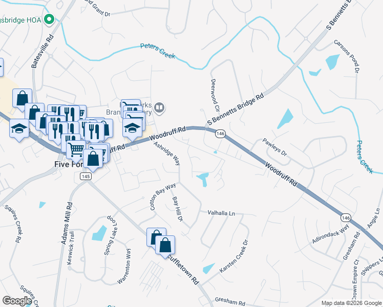 map of restaurants, bars, coffee shops, grocery stores, and more near 20 Hemingway Lane in Simpsonville