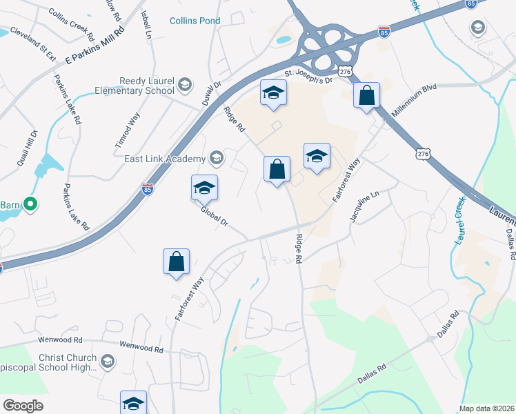 map of restaurants, bars, coffee shops, grocery stores, and more near 1280 Ridge Road in Greenville