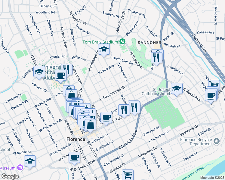 map of restaurants, bars, coffee shops, grocery stores, and more near 418 North Poplar Street in Florence