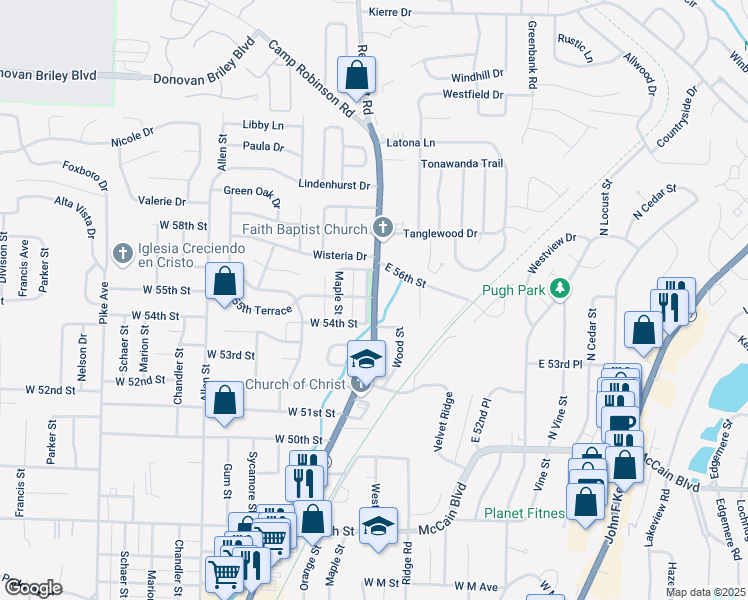 map of restaurants, bars, coffee shops, grocery stores, and more near Camp Robinson Road in North Little Rock