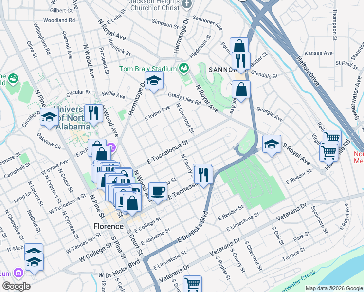 map of restaurants, bars, coffee shops, grocery stores, and more near 619b East Tuscaloosa Street in Florence