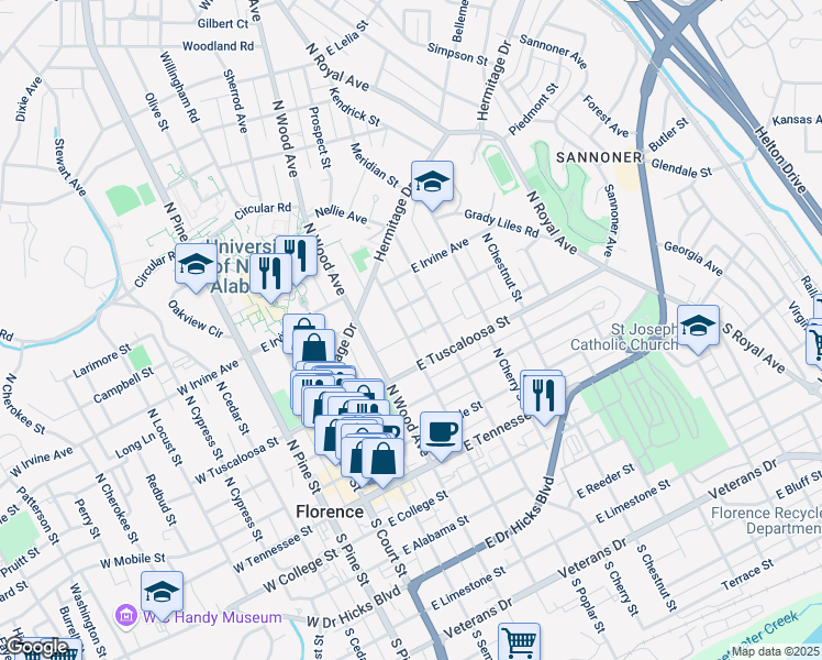 map of restaurants, bars, coffee shops, grocery stores, and more near 419 Barnes Street in Florence