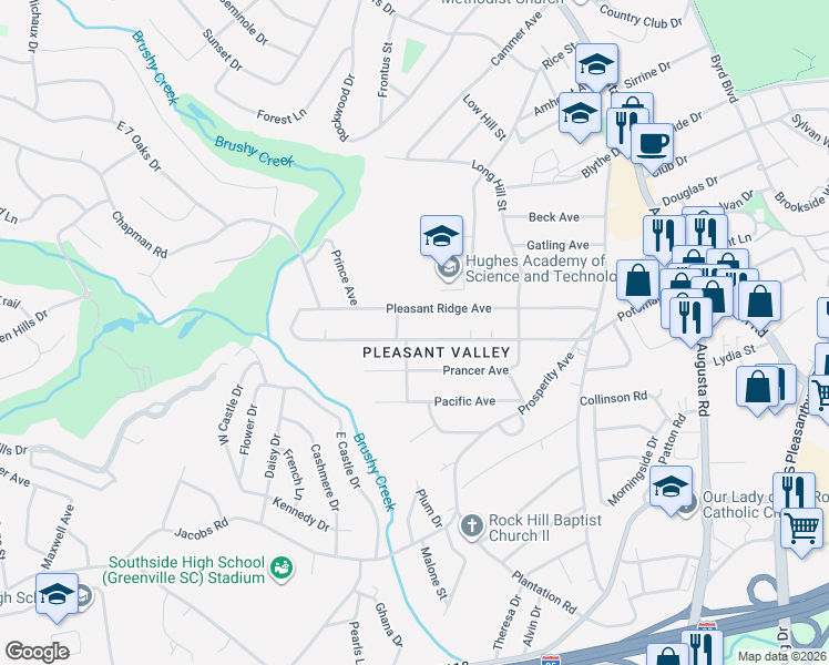 map of restaurants, bars, coffee shops, grocery stores, and more near 145 Pleasant Ridge Avenue in Greenville