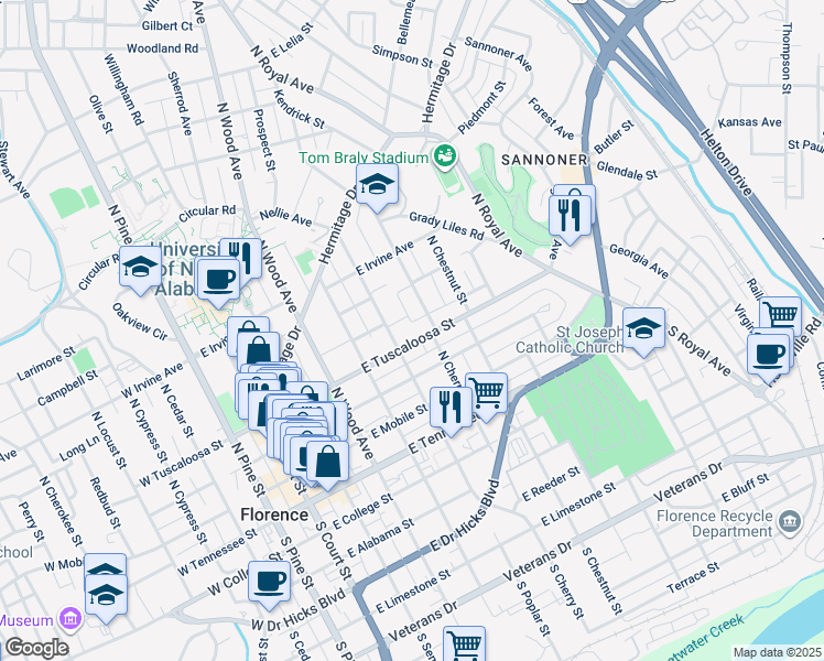 map of restaurants, bars, coffee shops, grocery stores, and more near 418 North Poplar Street in Florence