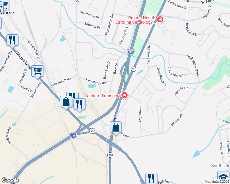 map of restaurants, bars, coffee shops, grocery stores, and more near 623 Bear Drive in Greenville