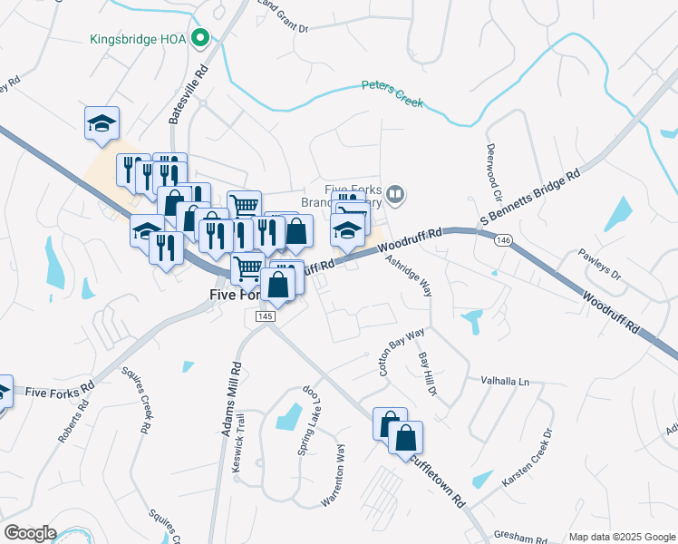 map of restaurants, bars, coffee shops, grocery stores, and more near 2814 South Carolina 296 in Simpsonville