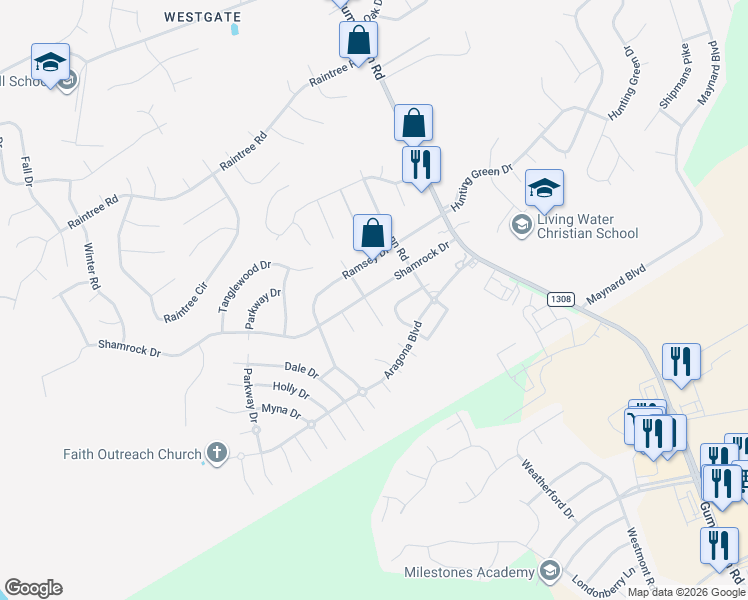 map of restaurants, bars, coffee shops, grocery stores, and more near 209 Shamrock Drive in Jacksonville