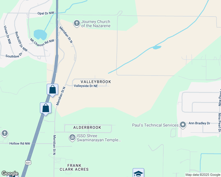 map of restaurants, bars, coffee shops, grocery stores, and more near 264 Valleyside Drive Northeast in Huntsville