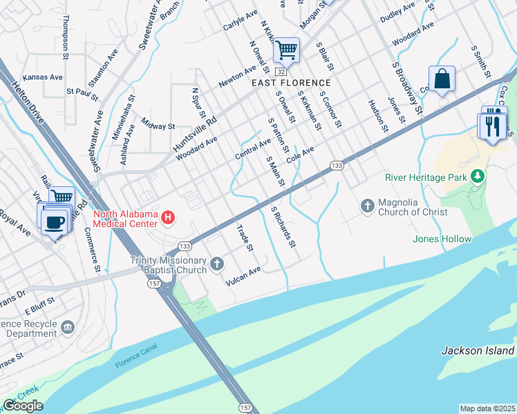 map of restaurants, bars, coffee shops, grocery stores, and more near 2169 Veterans Drive in Florence