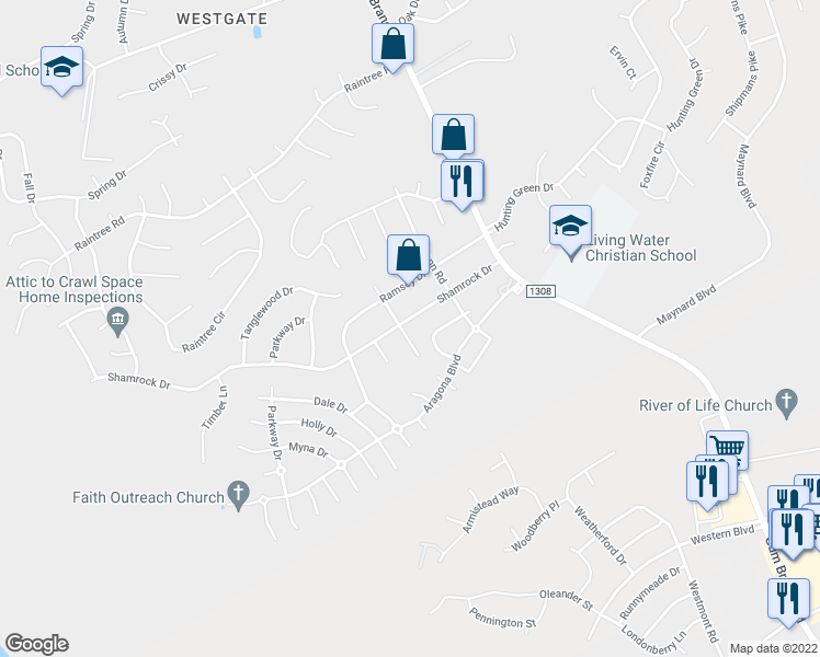 map of restaurants, bars, coffee shops, grocery stores, and more near 215 Shamrock Drive in Jacksonville