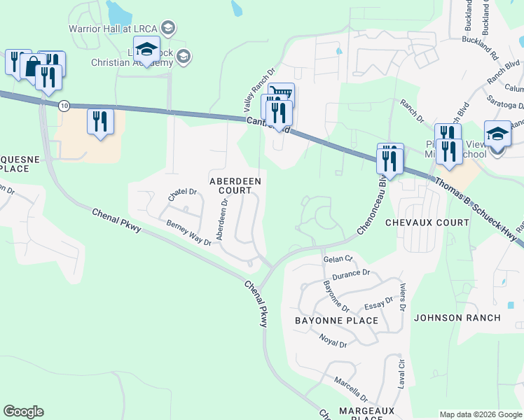 map of restaurants, bars, coffee shops, grocery stores, and more near 28 Aberdeen Drive in Little Rock