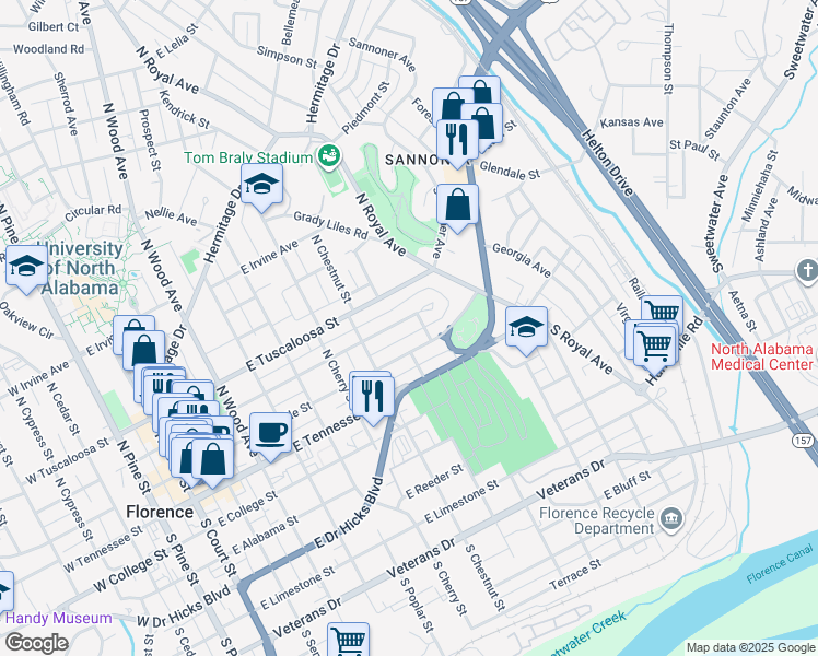 map of restaurants, bars, coffee shops, grocery stores, and more near 742 East Tombigbee Street in Florence