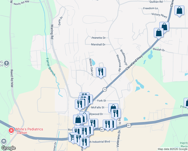 map of restaurants, bars, coffee shops, grocery stores, and more near 1701 White Oaks Lane in Dalton