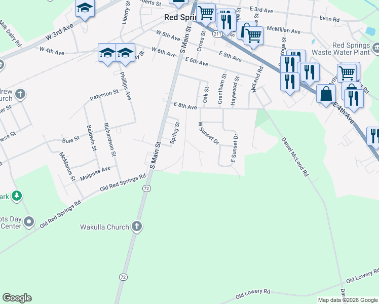 map of restaurants, bars, coffee shops, grocery stores, and more near 201 Warren Street in Red Springs