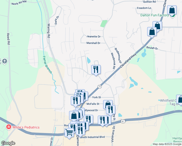 map of restaurants, bars, coffee shops, grocery stores, and more near 1701 White Oaks Lane in Dalton