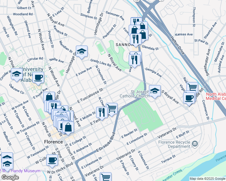map of restaurants, bars, coffee shops, grocery stores, and more near 700-798 E Tuscaloosa St in Florence