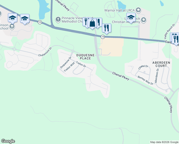 map of restaurants, bars, coffee shops, grocery stores, and more near 60 Bouresse Drive in Little Rock