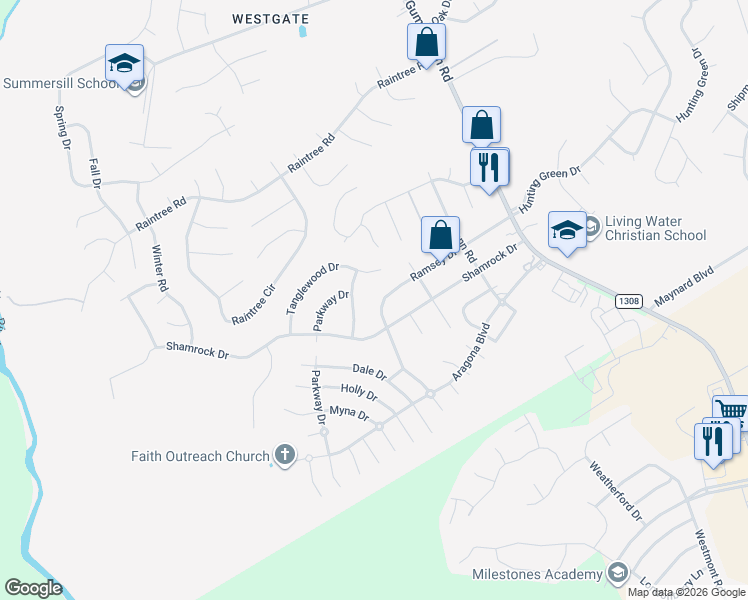 map of restaurants, bars, coffee shops, grocery stores, and more near 310 Ramsey Drive in Jacksonville