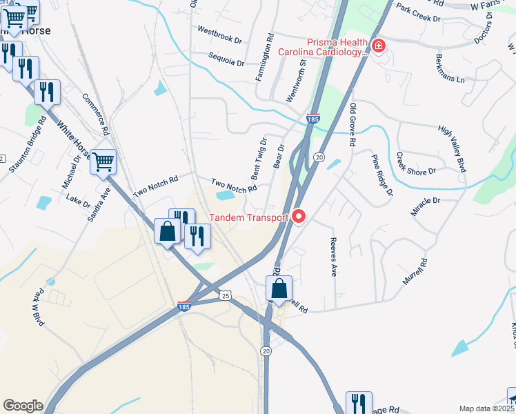 map of restaurants, bars, coffee shops, grocery stores, and more near 18 Bear Grass Court in Greenville