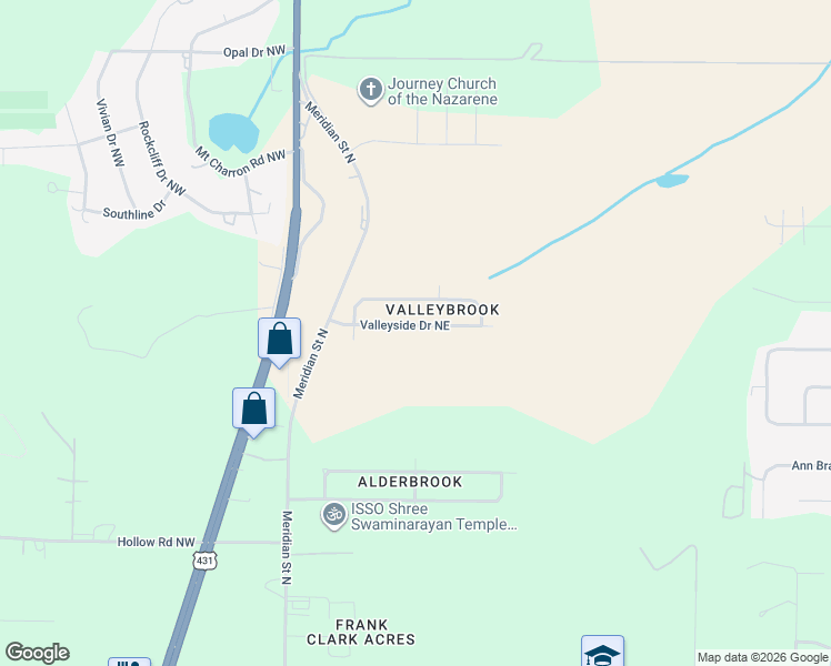 map of restaurants, bars, coffee shops, grocery stores, and more near 234 Valleyside Drive Northeast in Huntsville