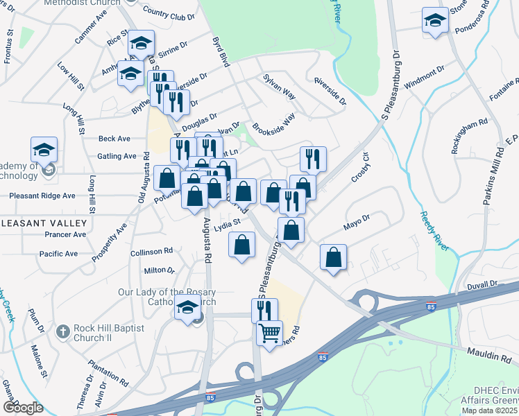 map of restaurants, bars, coffee shops, grocery stores, and more near 6 Post Oak Road in Greenville