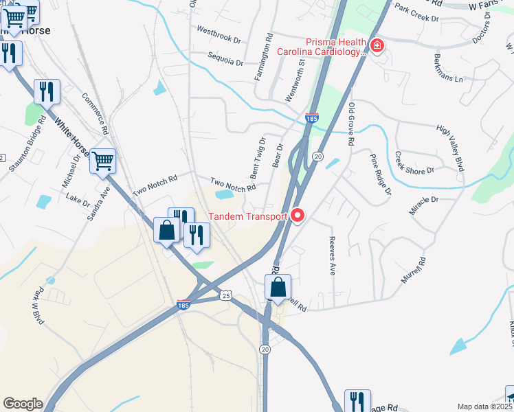 map of restaurants, bars, coffee shops, grocery stores, and more near 20 Bear Grass Court in Greenville