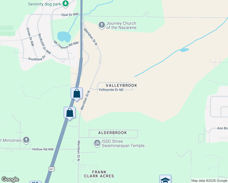 map of restaurants, bars, coffee shops, grocery stores, and more near 226 Valleyside Drive Northeast in Huntsville