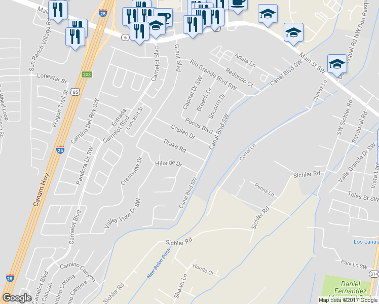 map of restaurants, bars, coffee shops, grocery stores, and more near 1320 Drake Road in Los Lunas