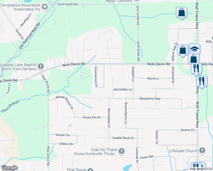 map of restaurants, bars, coffee shops, grocery stores, and more near 115 Greenwood Circle in Harvest