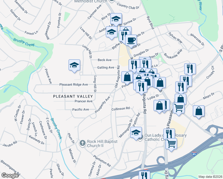 map of restaurants, bars, coffee shops, grocery stores, and more near 6 Prosperity Avenue in Greenville