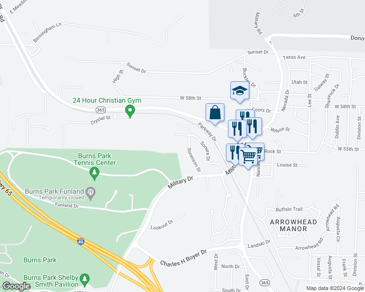 map of restaurants, bars, coffee shops, grocery stores, and more near 300 Sorenson Street in North Little Rock