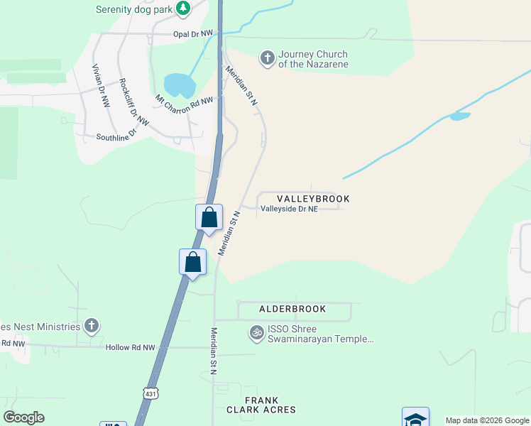 map of restaurants, bars, coffee shops, grocery stores, and more near 106 Valleyside Drive Northeast in Huntsville