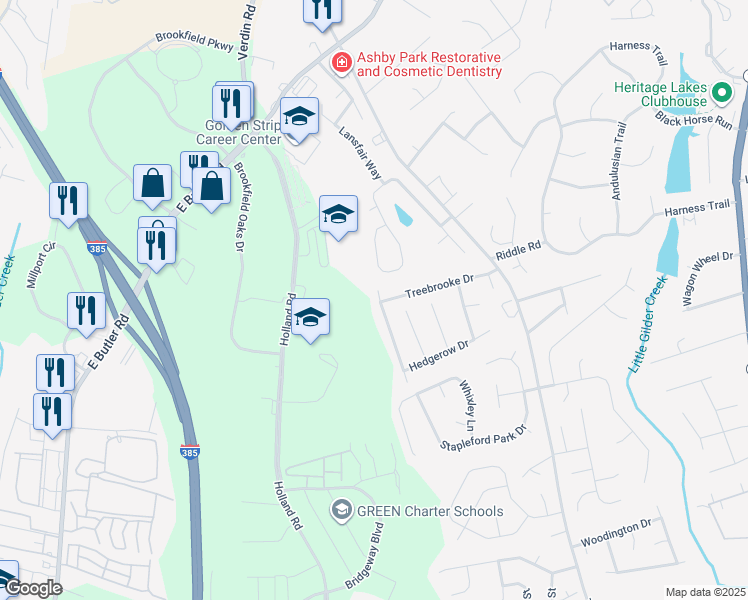 map of restaurants, bars, coffee shops, grocery stores, and more near 204 Hardwood Road in Greenville