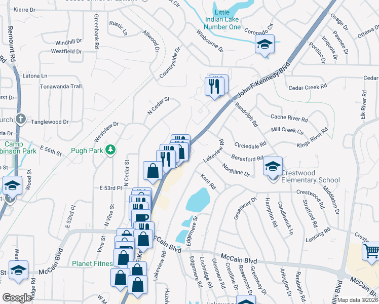 map of restaurants, bars, coffee shops, grocery stores, and more near 5524 Arkansas 107 in North Little Rock