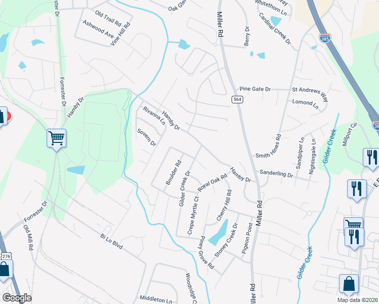 map of restaurants, bars, coffee shops, grocery stores, and more near 102 Pheasant Trail in Greenville