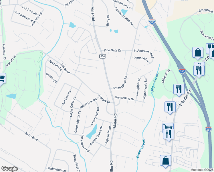 map of restaurants, bars, coffee shops, grocery stores, and more near 1011 Miller Road in Greenville
