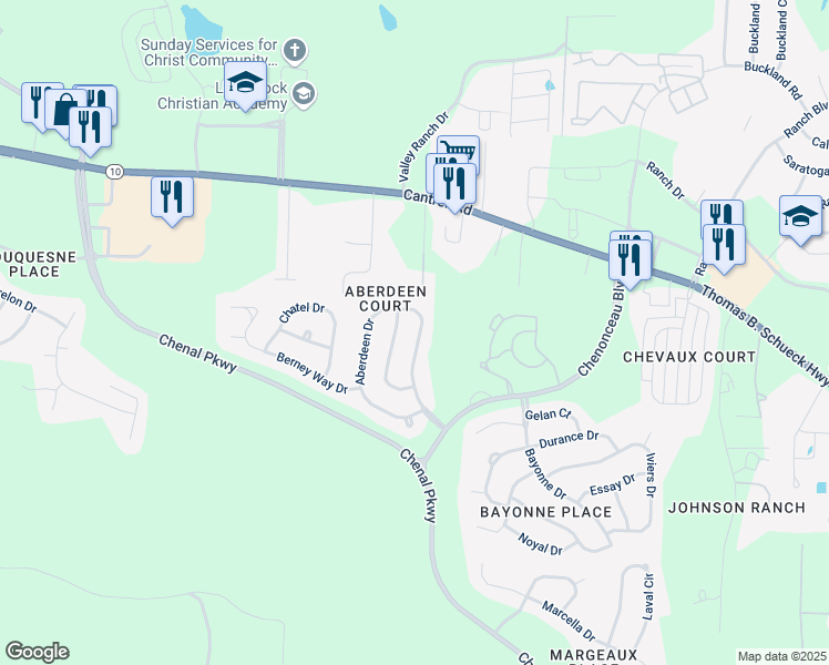 map of restaurants, bars, coffee shops, grocery stores, and more near 28 Aberdeen Drive in Little Rock