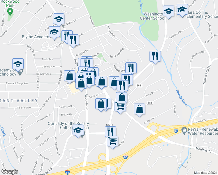 map of restaurants, bars, coffee shops, grocery stores, and more near 109 Mauldin Road in Greenville
