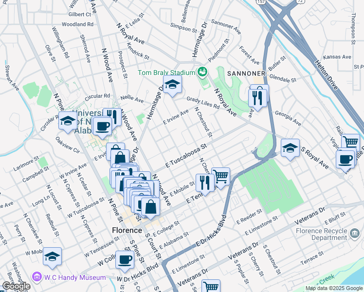 map of restaurants, bars, coffee shops, grocery stores, and more near 418 North Poplar Street in Florence