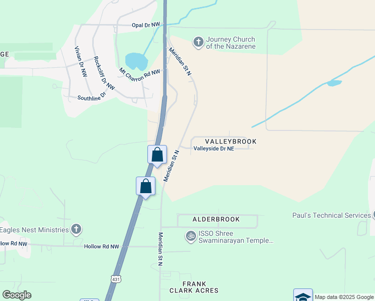 map of restaurants, bars, coffee shops, grocery stores, and more near 106 Valleyside Drive Northeast in Huntsville