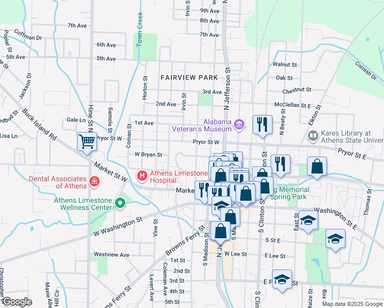 map of restaurants, bars, coffee shops, grocery stores, and more near 301 North Houston Street in Athens