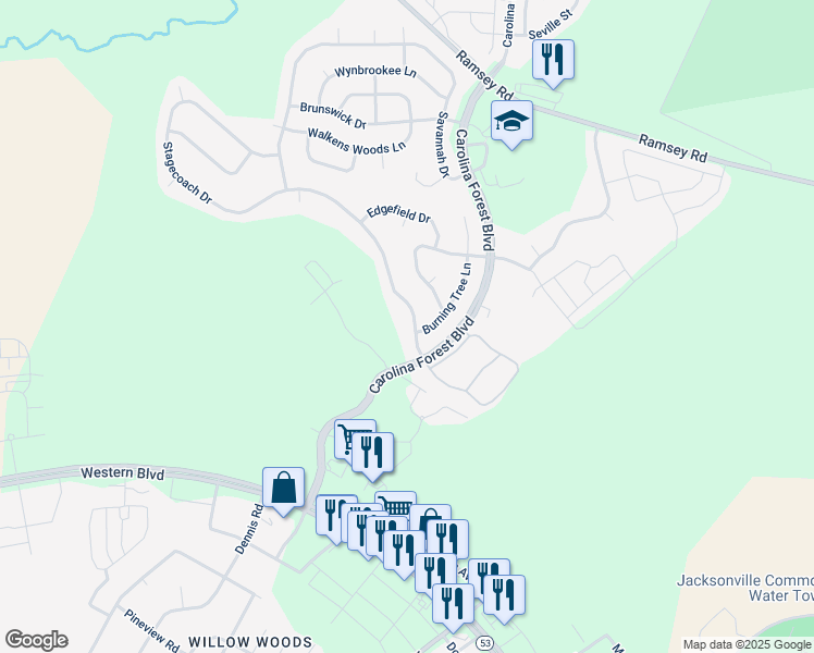map of restaurants, bars, coffee shops, grocery stores, and more near 201 Stagecoach Drive in Jacksonville