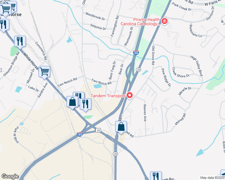 map of restaurants, bars, coffee shops, grocery stores, and more near 20 Bear Grass Court in Greenville