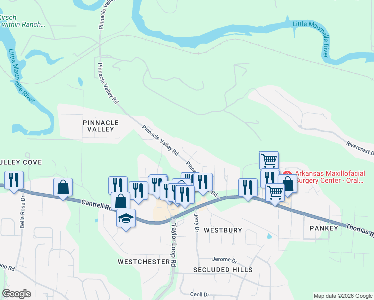 map of restaurants, bars, coffee shops, grocery stores, and more near 11 Ison Creek Cove in Little Rock